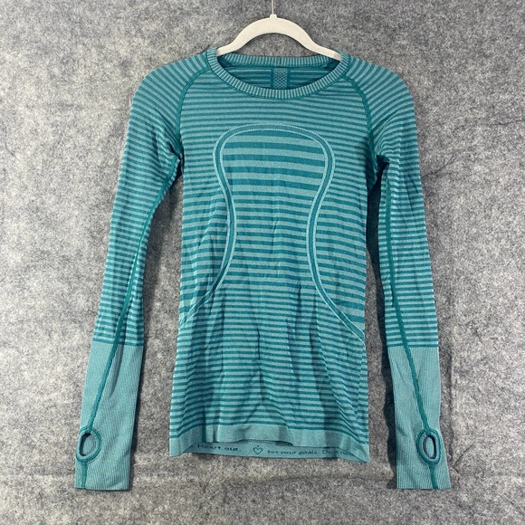 Lululemon Swiftly Tech Long Sleeve Top 4 Striped Teal Crew Neck - Picture 2 of 13